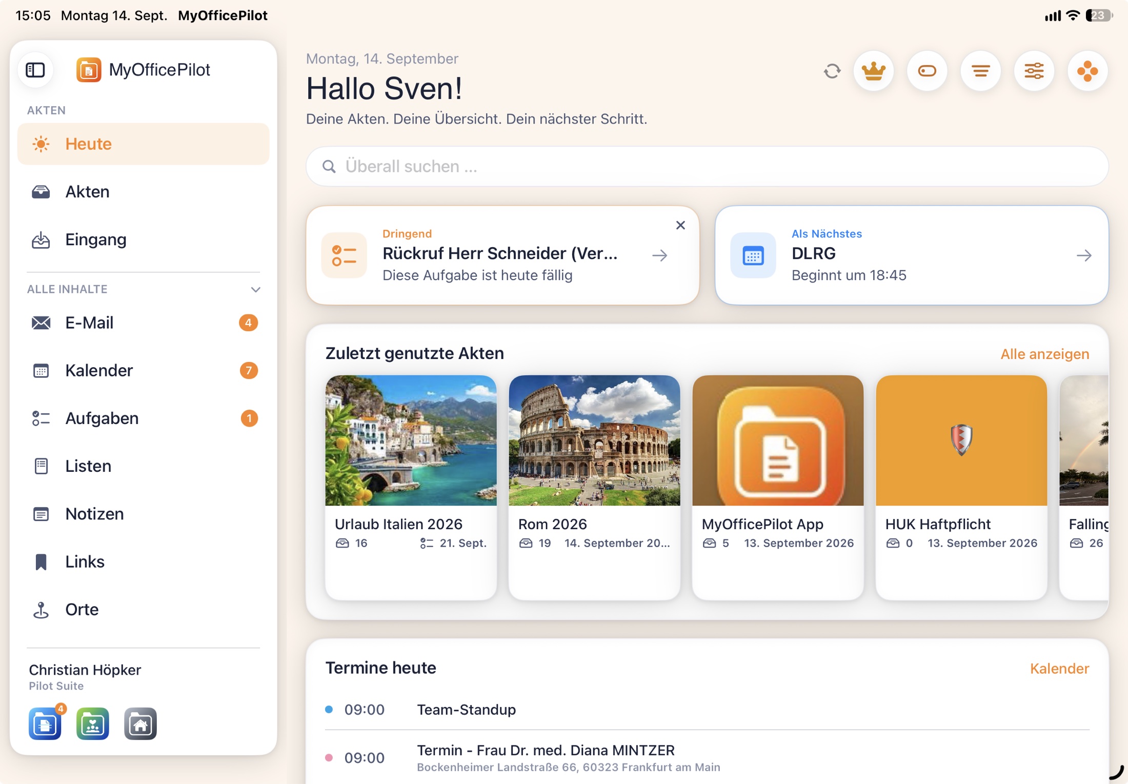 MyOfficePilot – vista general con expedientes activos, tareas pendientes, citas y correos sin leer