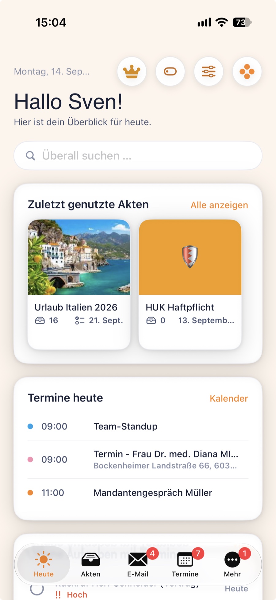 MyOfficePilot – vista general con expedientes activos, tareas pendientes, citas y correos sin leer